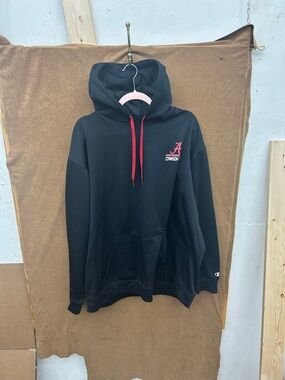 Champion Black Hoodie with Red Drawstrings and Red Logo